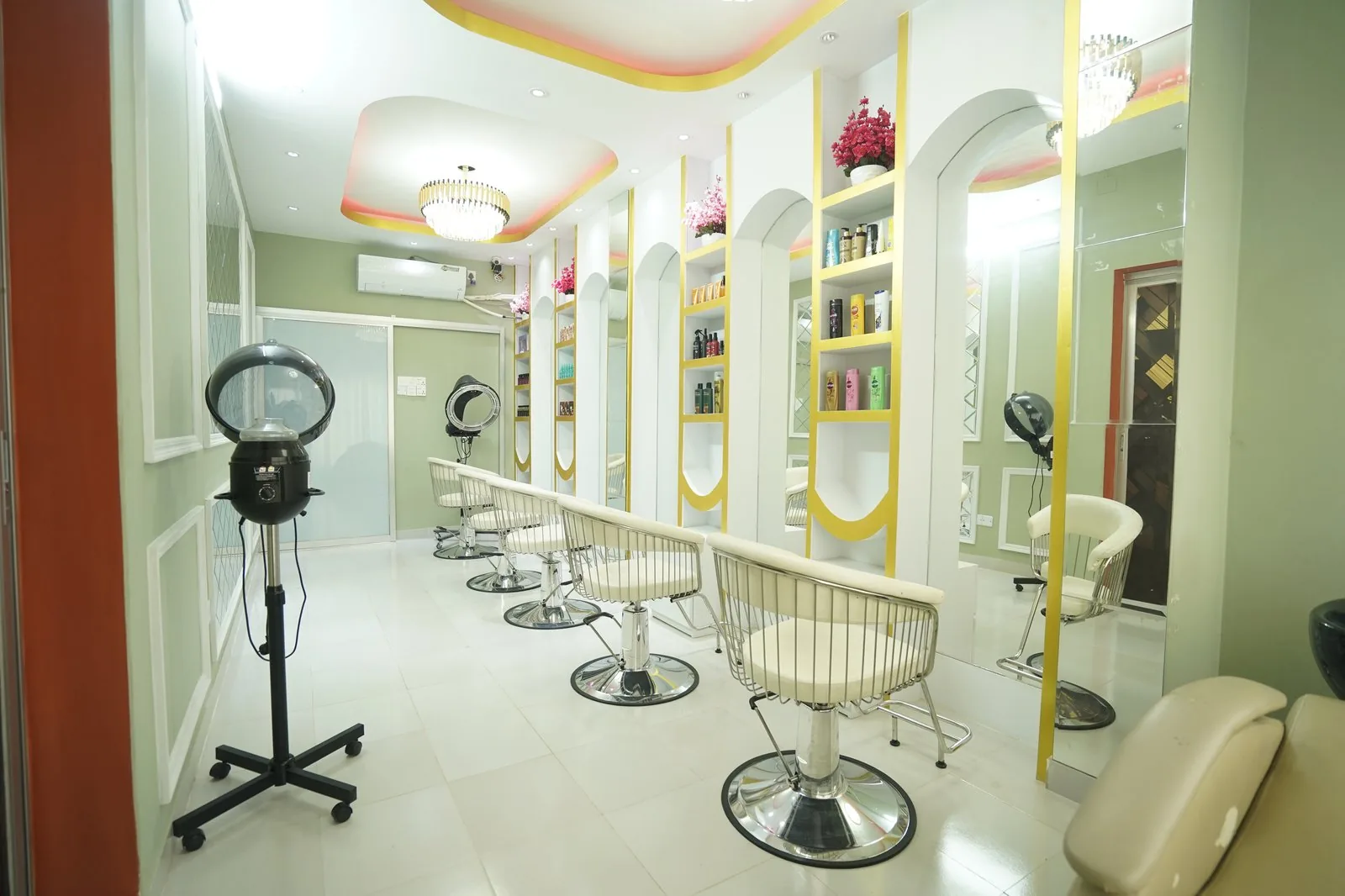 Hair styling hallway with product shelves